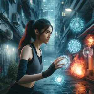 A young woman with supernatural powers training in an urban setting.