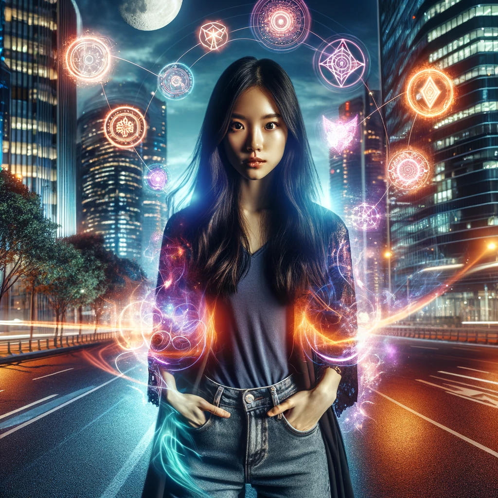 A young woman with supernatural powers standing in a modern city at night.